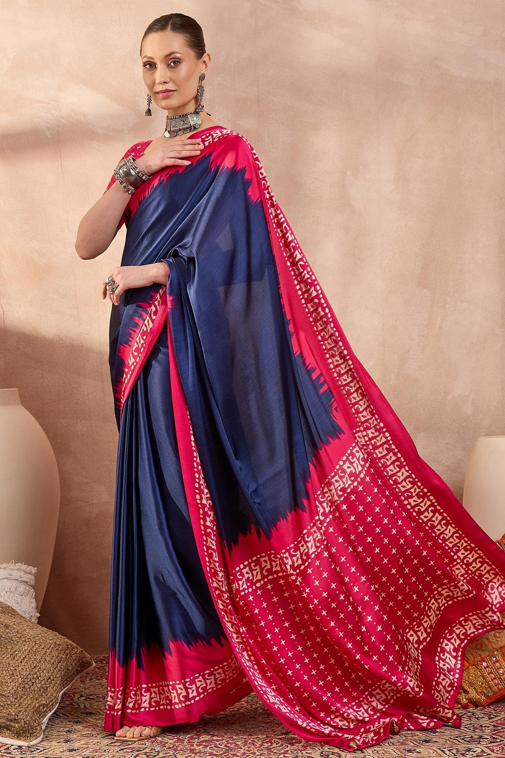 Kenya Blue Modal Ajrakh Printed Ready to Wear One Minute Saree