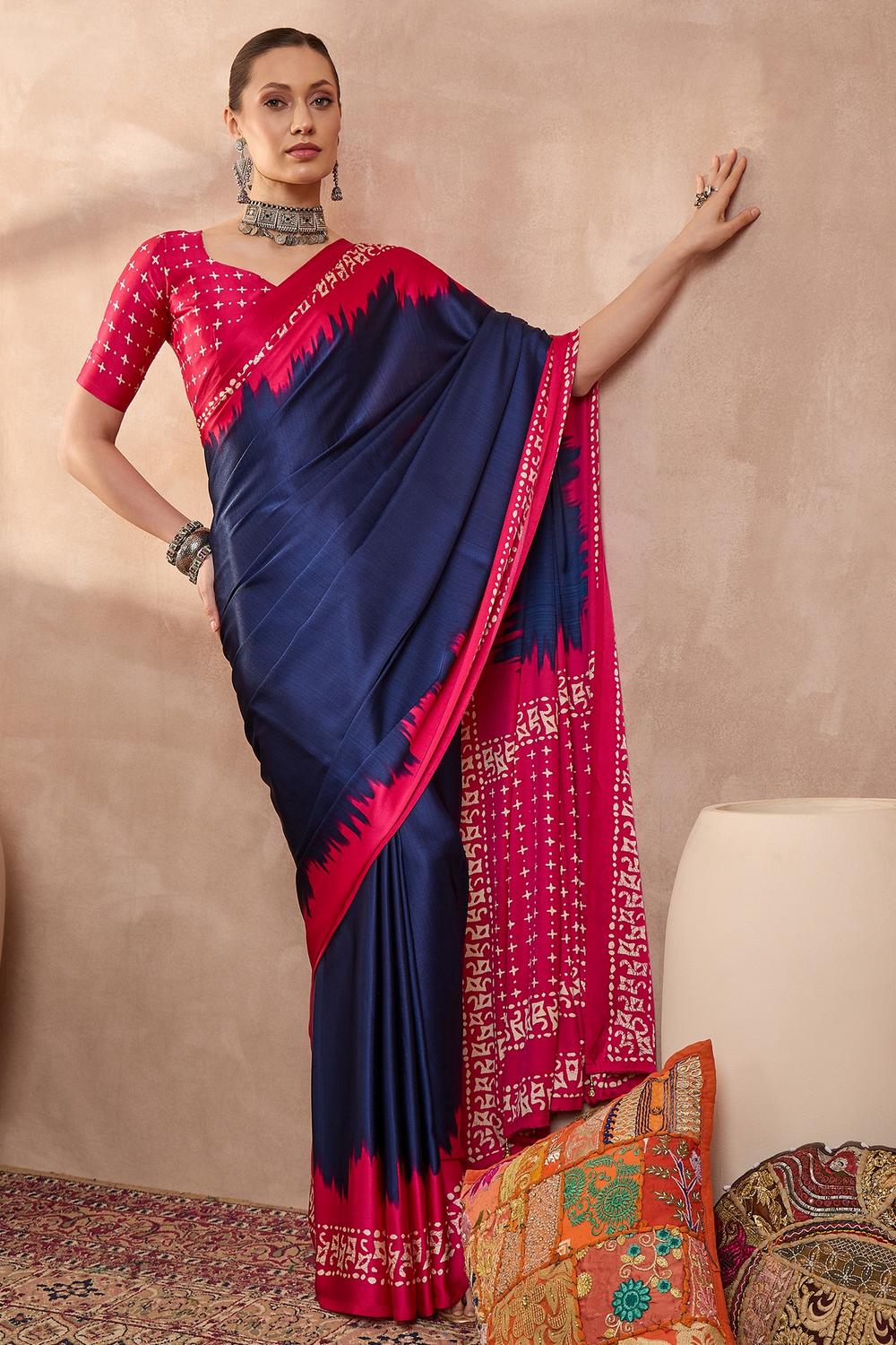 Kenya Blue Modal Ajrakh Printed Ready to Wear One Minute Saree