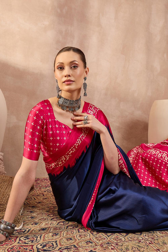 Kenya Blue Modal Ajrakh Printed Ready to Wear One Minute Saree