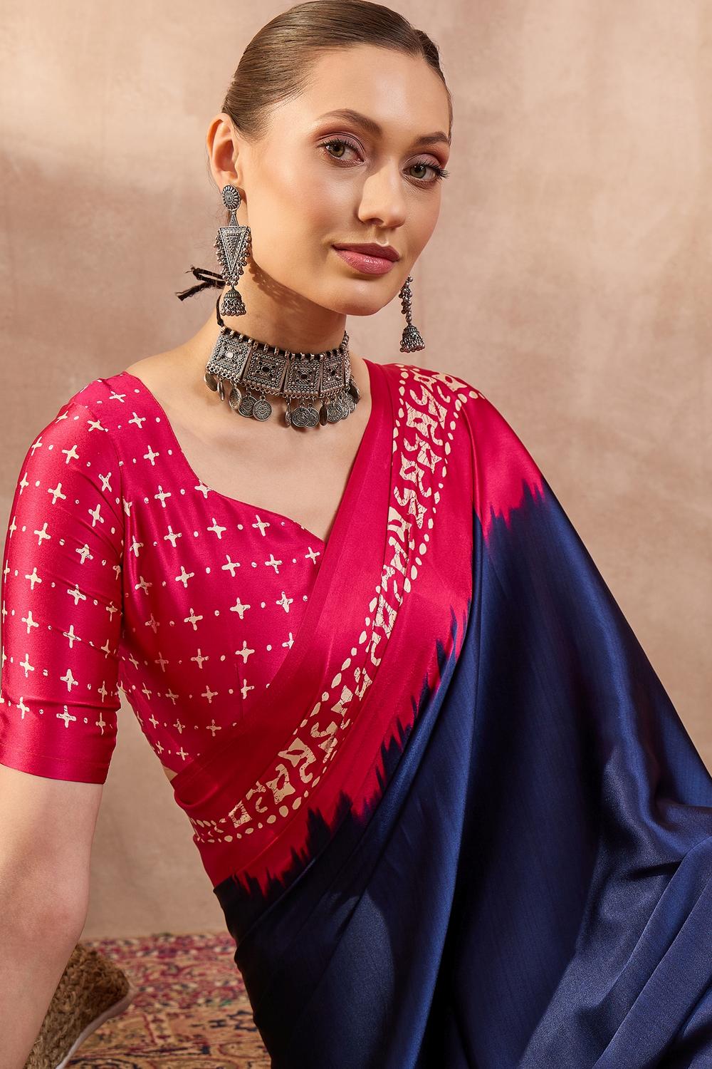 Kenya Blue Modal Ajrakh Printed Ready to Wear One Minute Saree