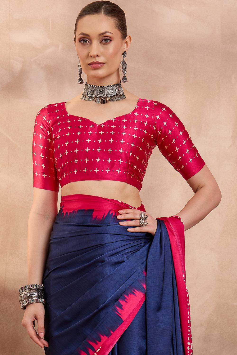 Kenya Blue Modal Ajrakh Printed Ready to Wear One Minute Saree