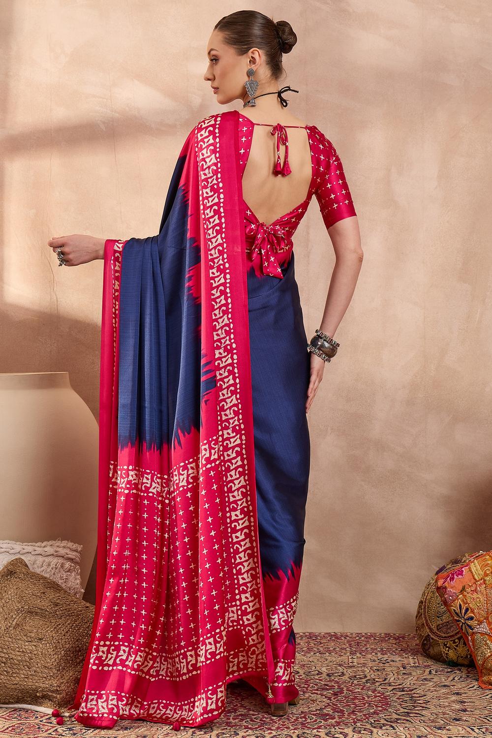 Kenya Blue Modal Ajrakh Printed Ready to Wear One Minute Saree