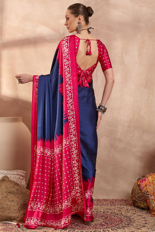 Kenya Blue Modal Ajrakh Printed Ready to Wear One Minute Saree