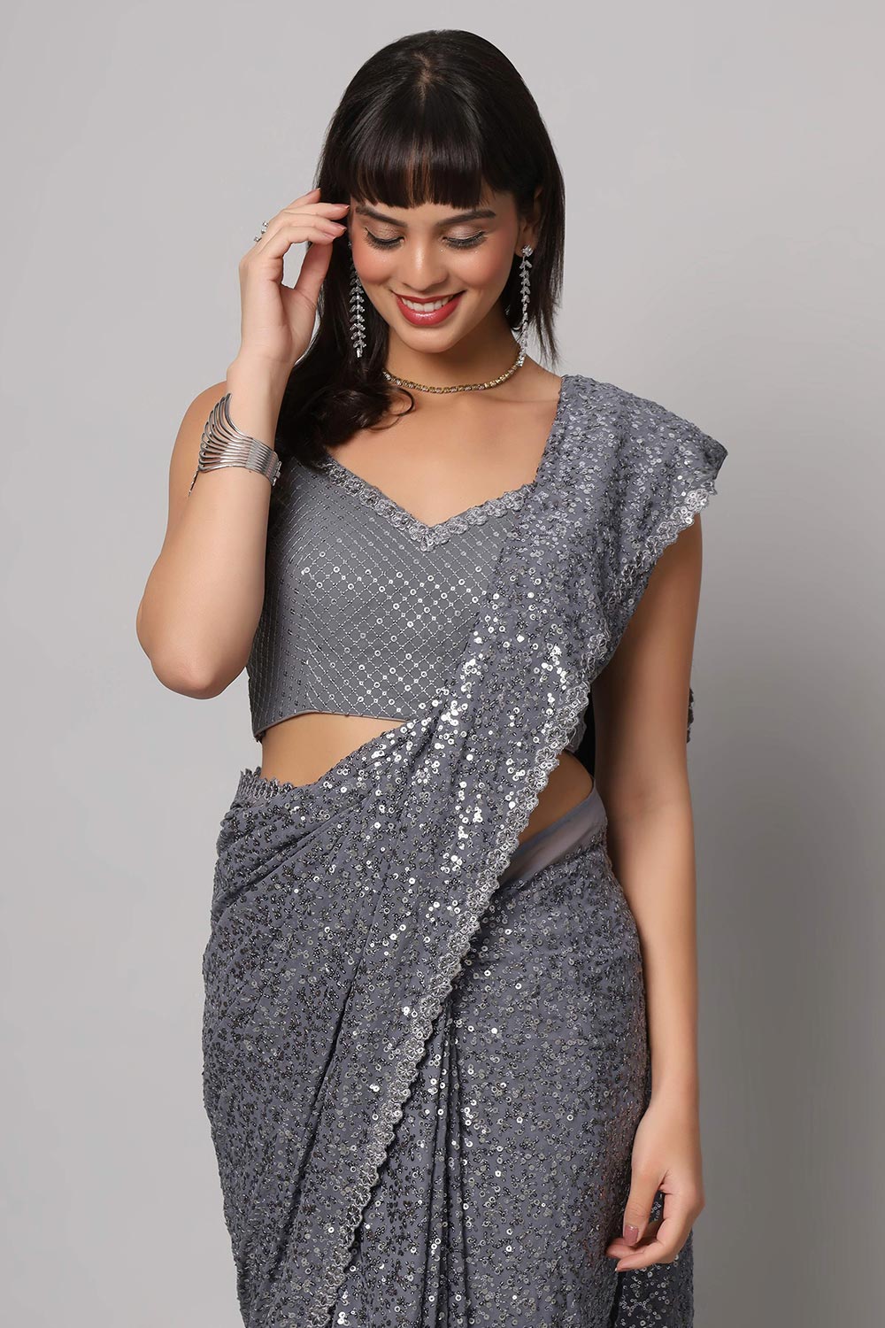 Jessie Grey Faux Georgette Sequins Ready to Wear One Minute Saree