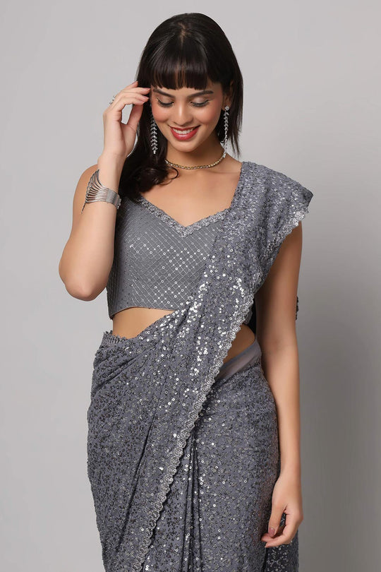Jessie Grey Faux Georgette Sequins Ready to Wear One Minute Saree