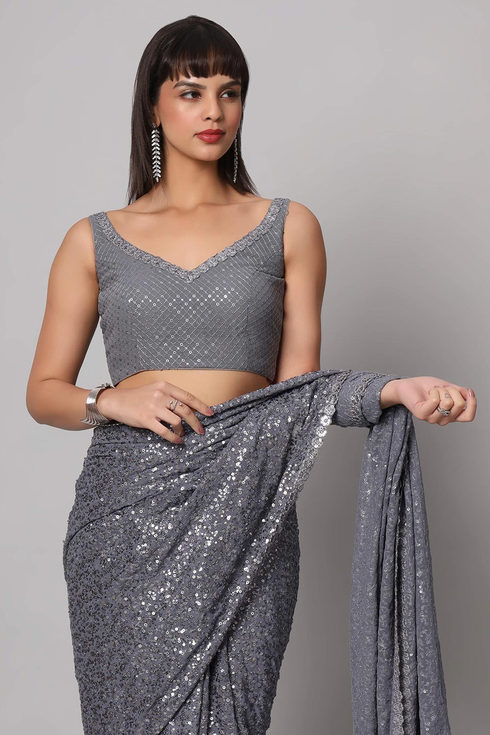 Jessie Grey Faux Georgette Sequins Ready to Wear One Minute Saree