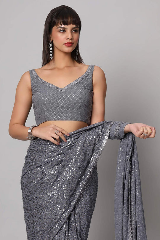Jessie Grey Faux Georgette Sequins Ready to Wear One Minute Saree