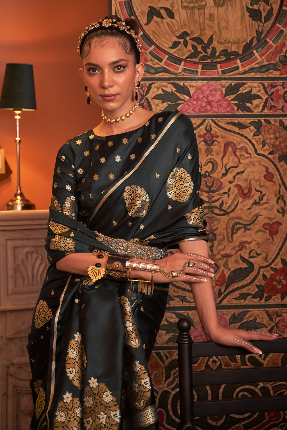 Agra Black Pure Satin Copper Zari Weaving Ready to Wear Saree
