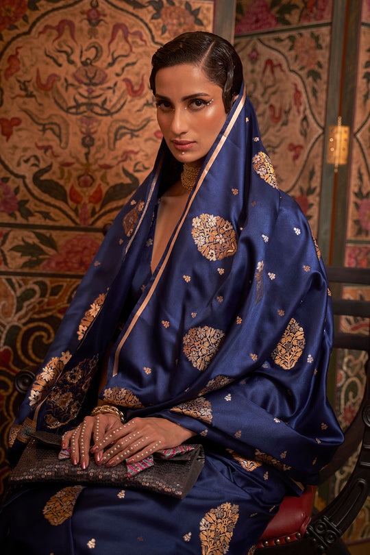 Agra Royal Blue Pure Satin Copper Zari Weaving Ready to Wear Saree