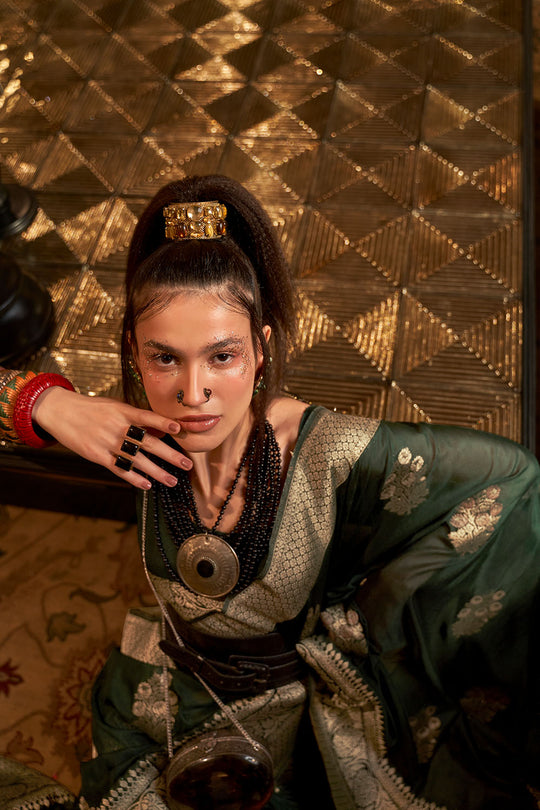 Hibana Emerald Green Georgette Woven Ready to Wear One Minute Saree®