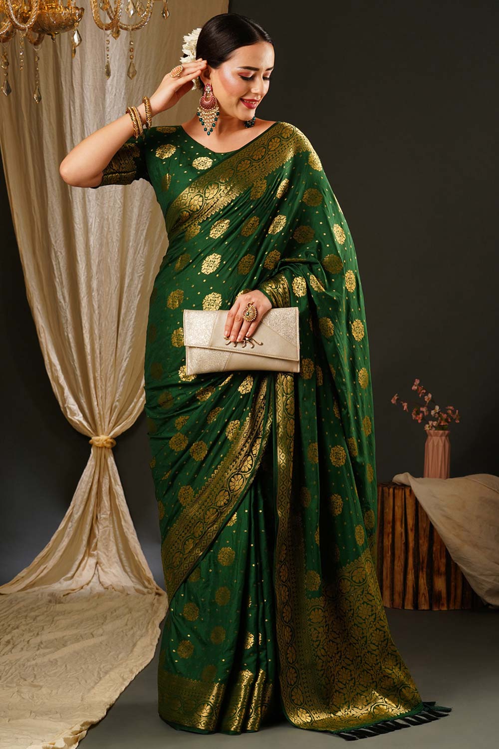 Alekha Green Satin Gold Printed One Minute Saree