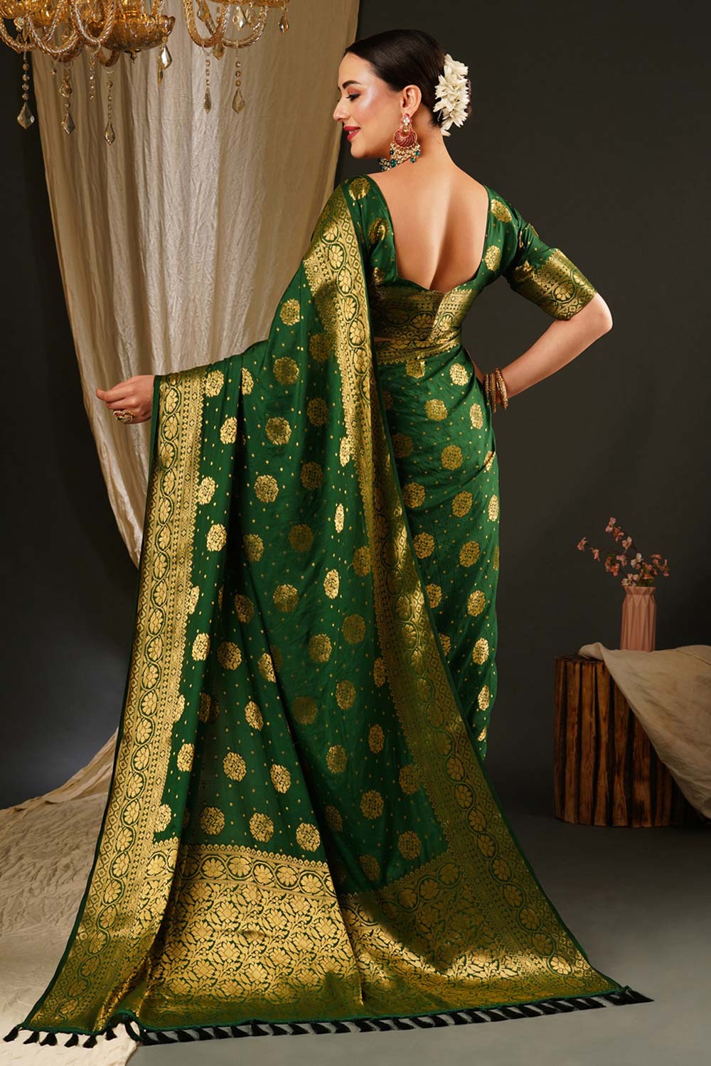 Alekha Green Satin Gold Printed One Minute Saree