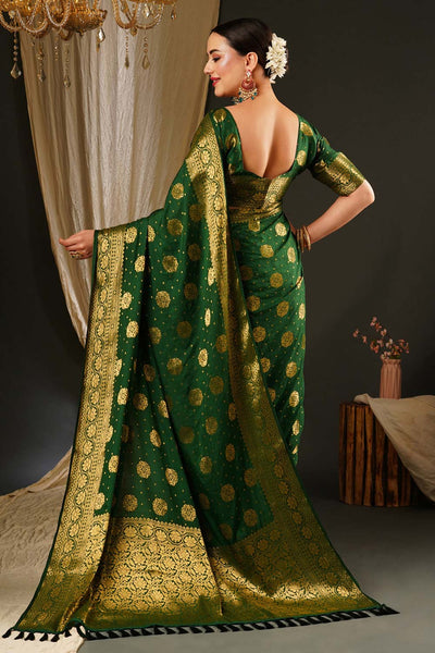 Alekha Green Satin Gold Printed One Minute Saree