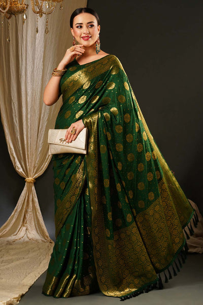 Alekha Green Satin Gold Printed One Minute Saree