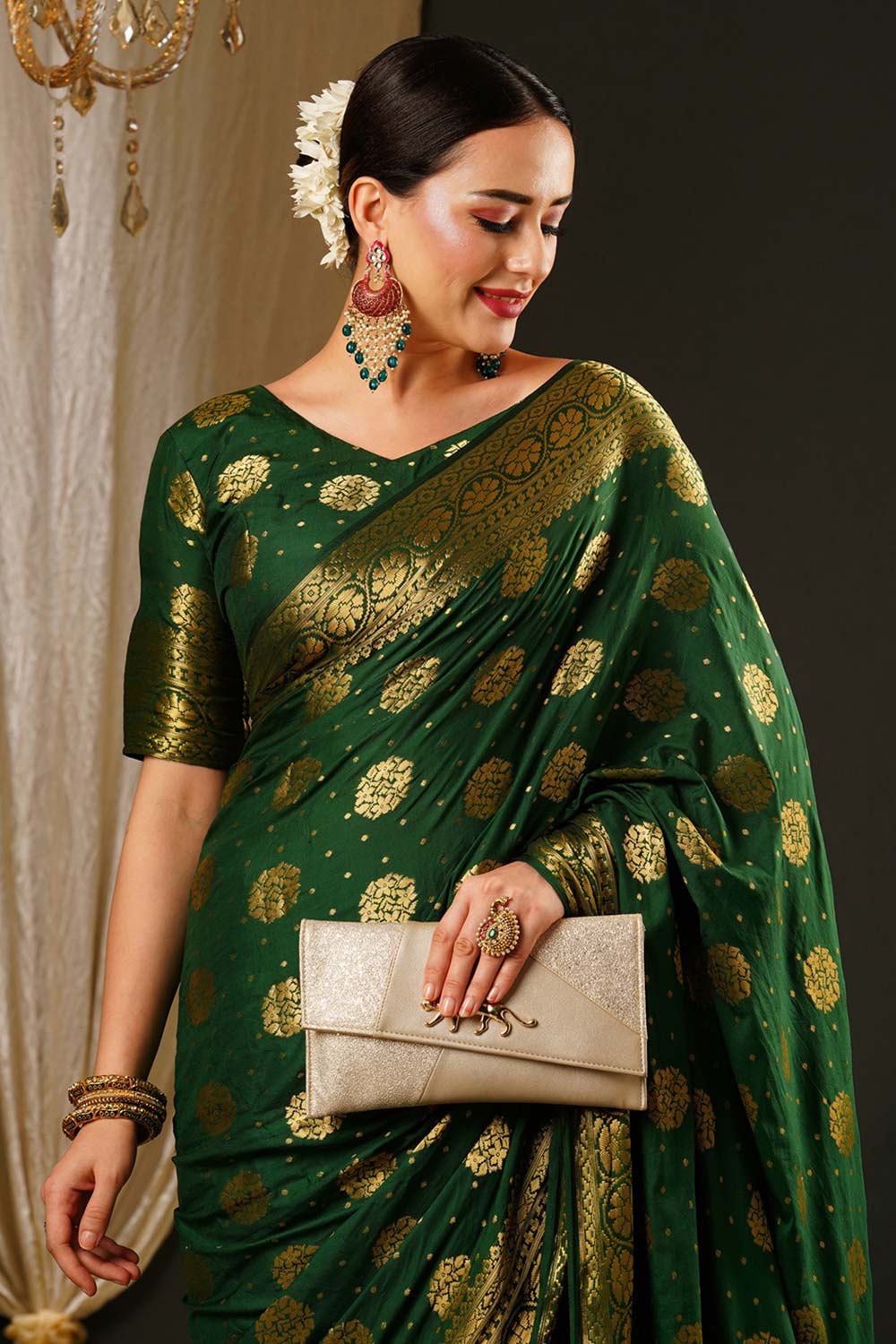 Alekha Green Satin Gold Printed One Minute Saree