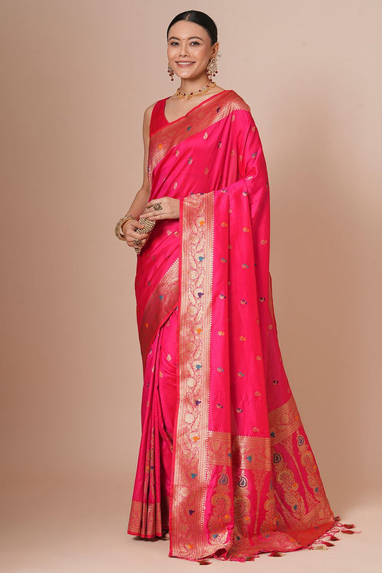 Padma Pink Silk Blend Woven Motif Work Ready To Wear One Minute Saree