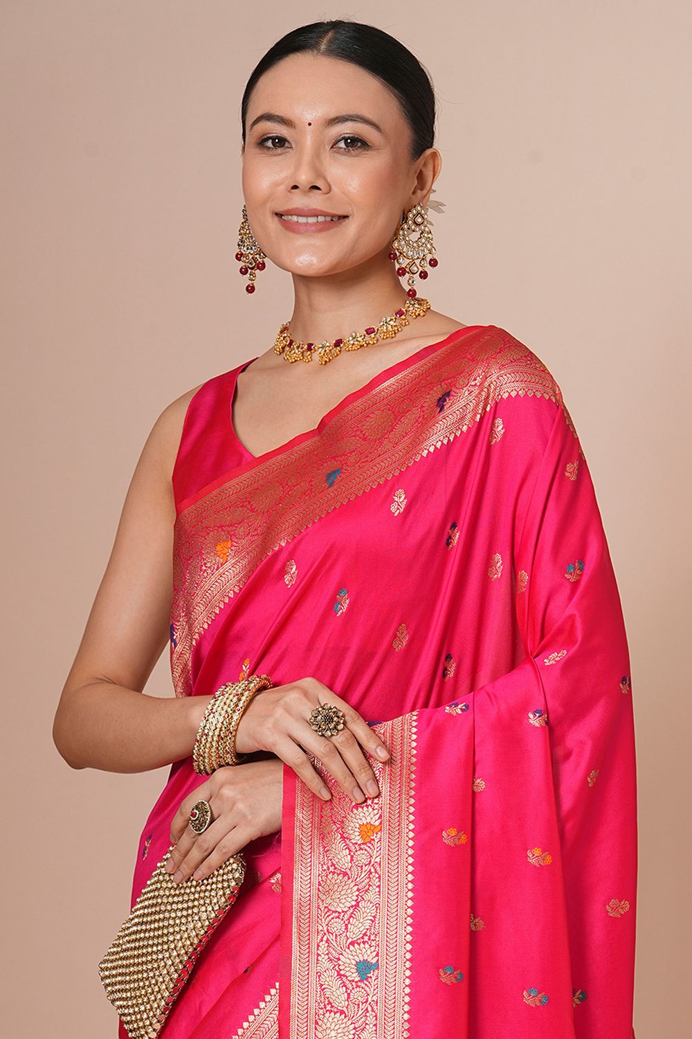 Padma Pink Silk Blend Woven Motif Work Ready To Wear One Minute Saree