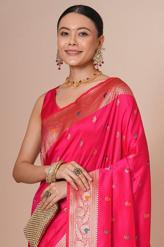 Padma Pink Silk Blend Woven Motif Work Ready To Wear One Minute Saree