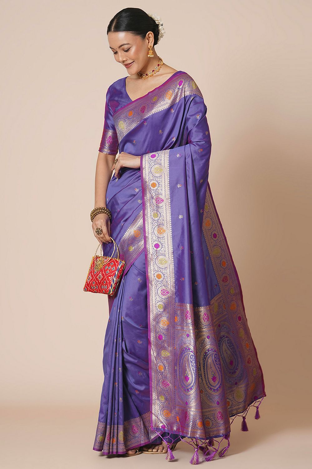 Padma Lavender Silk Blend Woven Motif Work Ready To Wear One Minute Saree