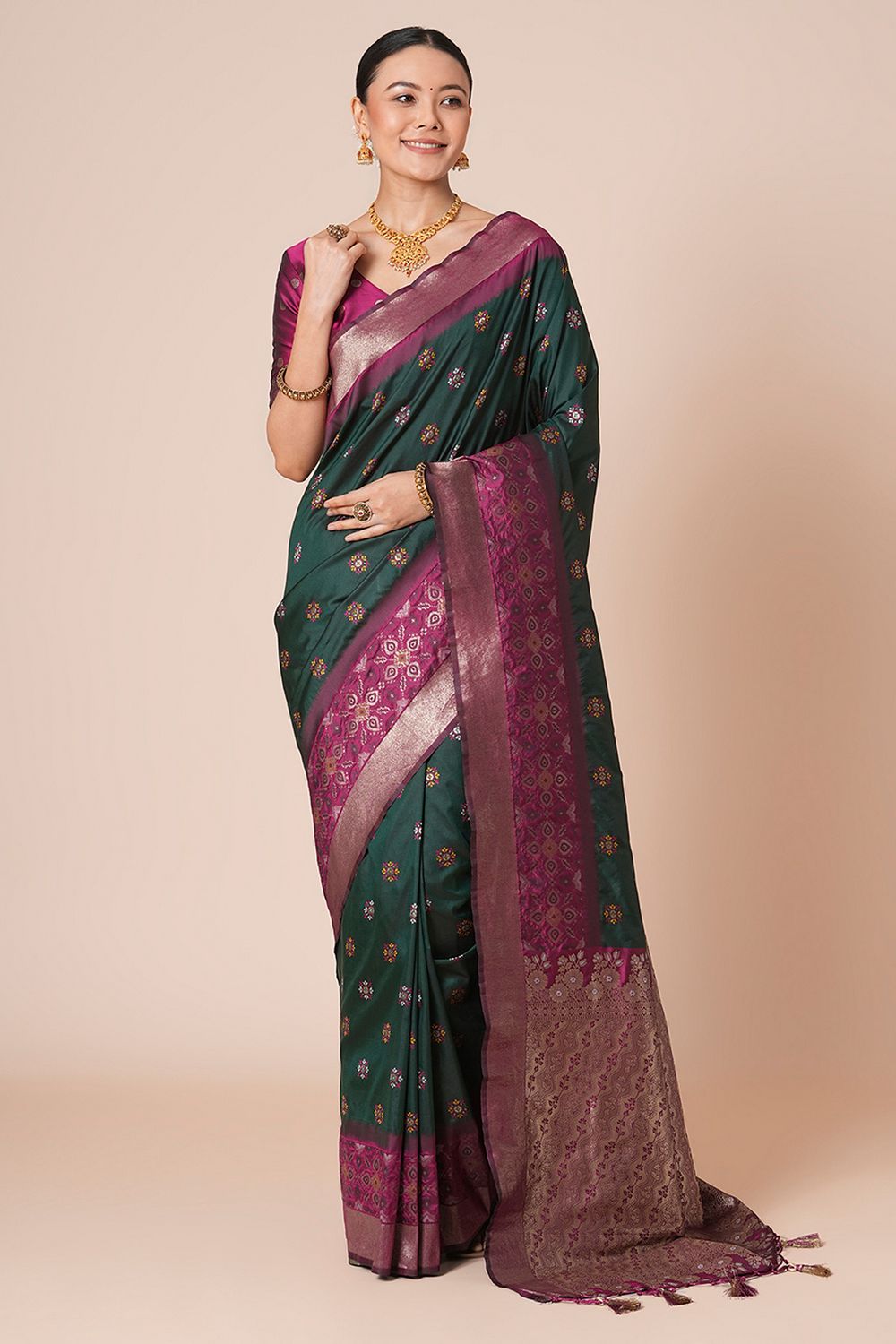 Padma Dark Green Silk Blend Woven Motif Work Ready To Wear One Minute Saree
