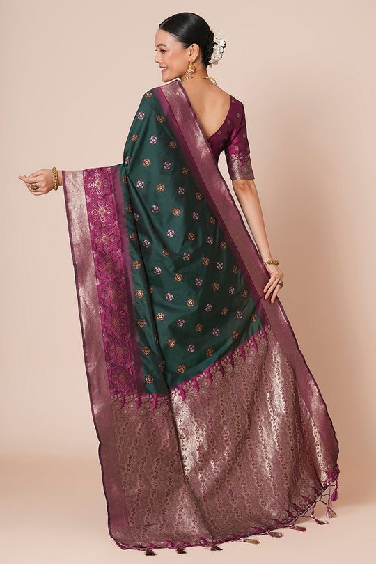 Padma Dark Green Silk Blend Woven Motif Work Ready To Wear One Minute Saree