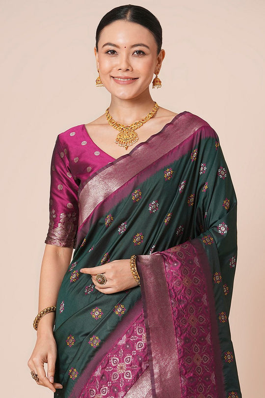 Padma Dark Green Silk Blend Woven Motif Work Ready To Wear One Minute Saree