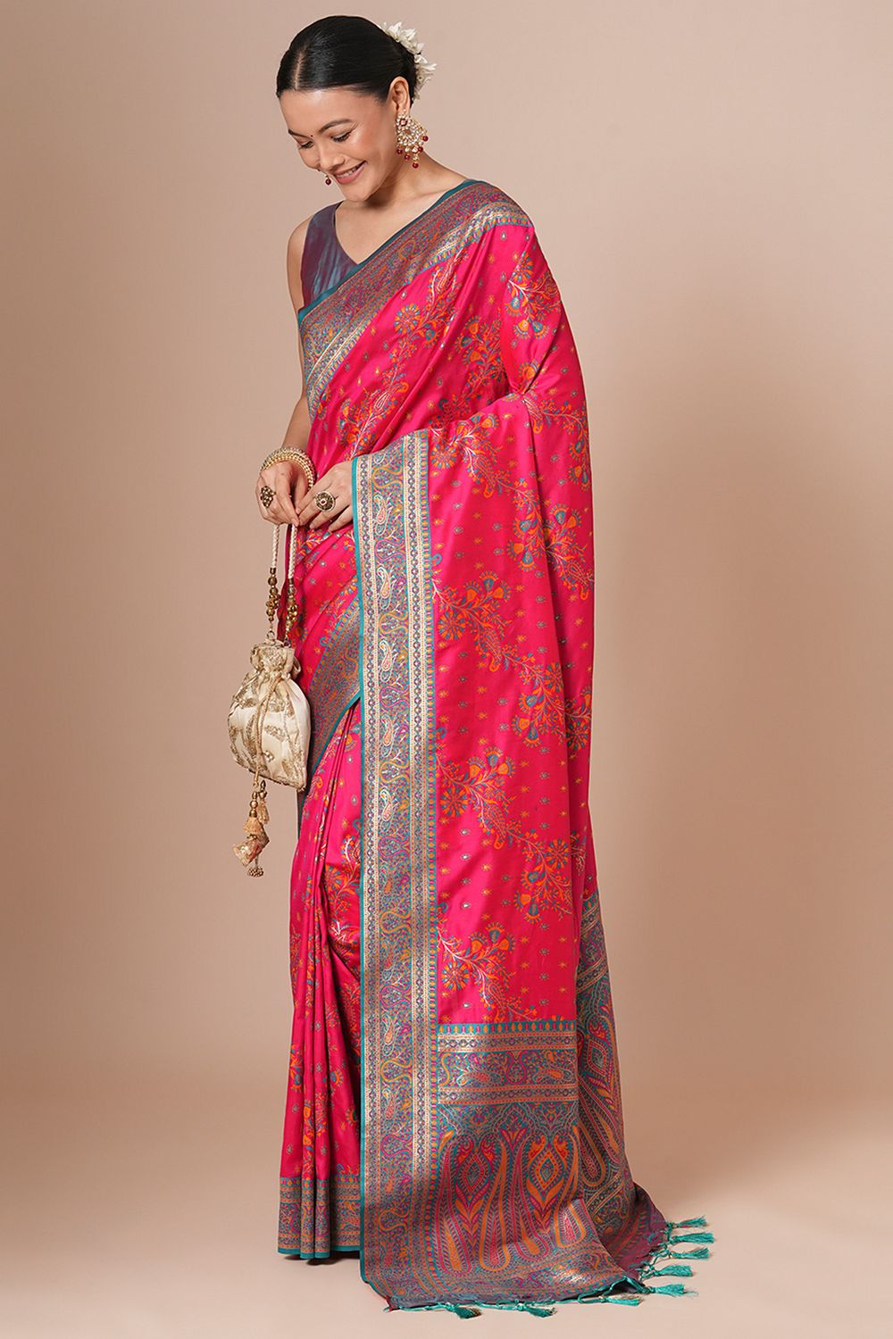 Padma Rani Pink Silk Blend Woven Motif Work Ready To Wear One Minute Saree