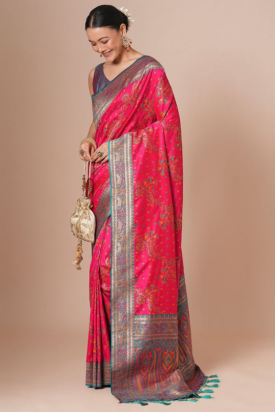 Padma Rani Pink Silk Blend Woven Motif Work Ready To Wear One Minute Saree