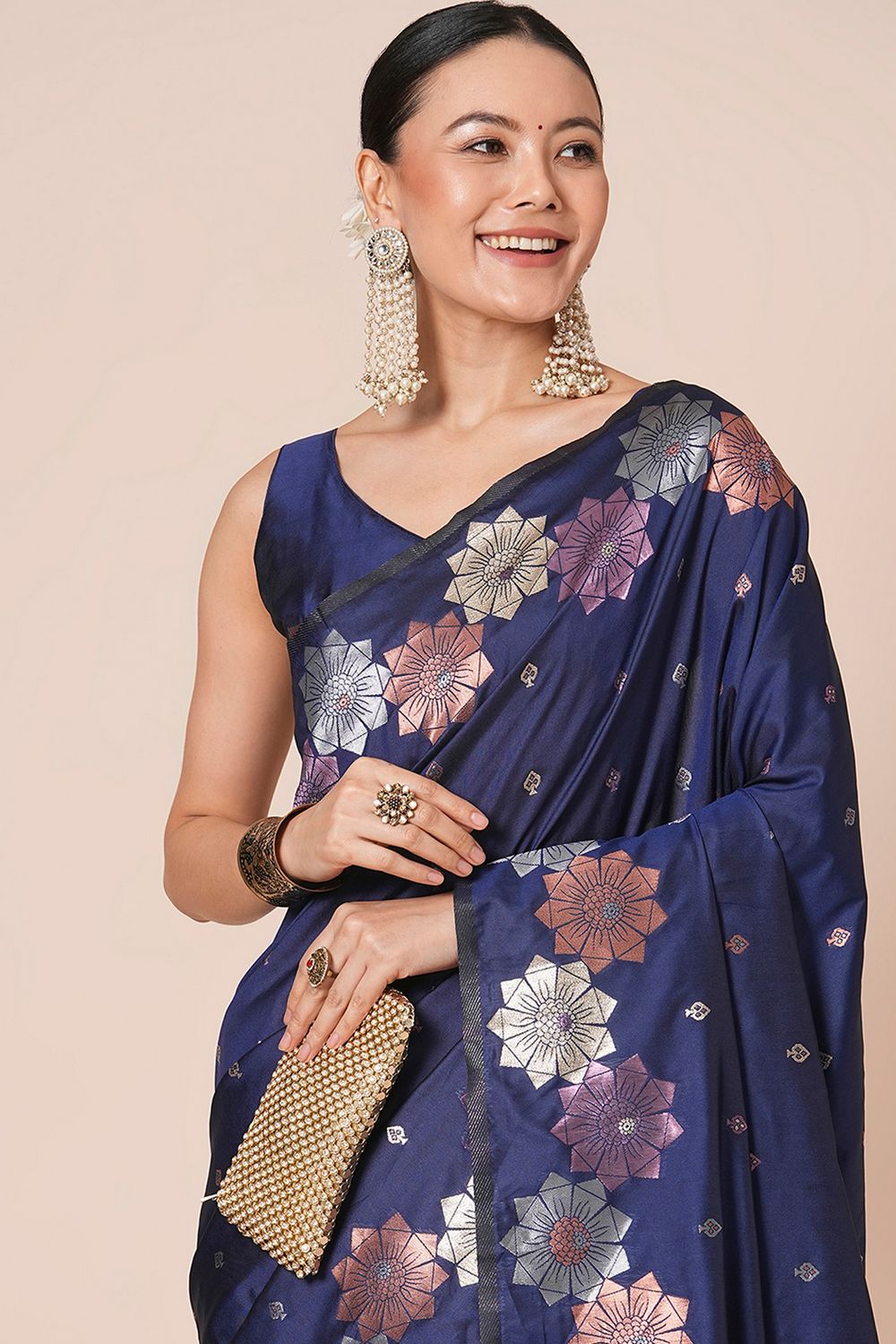 Padma Navy Blue Silk Blend Woven Motif Work Ready To Wear One Minute Saree
