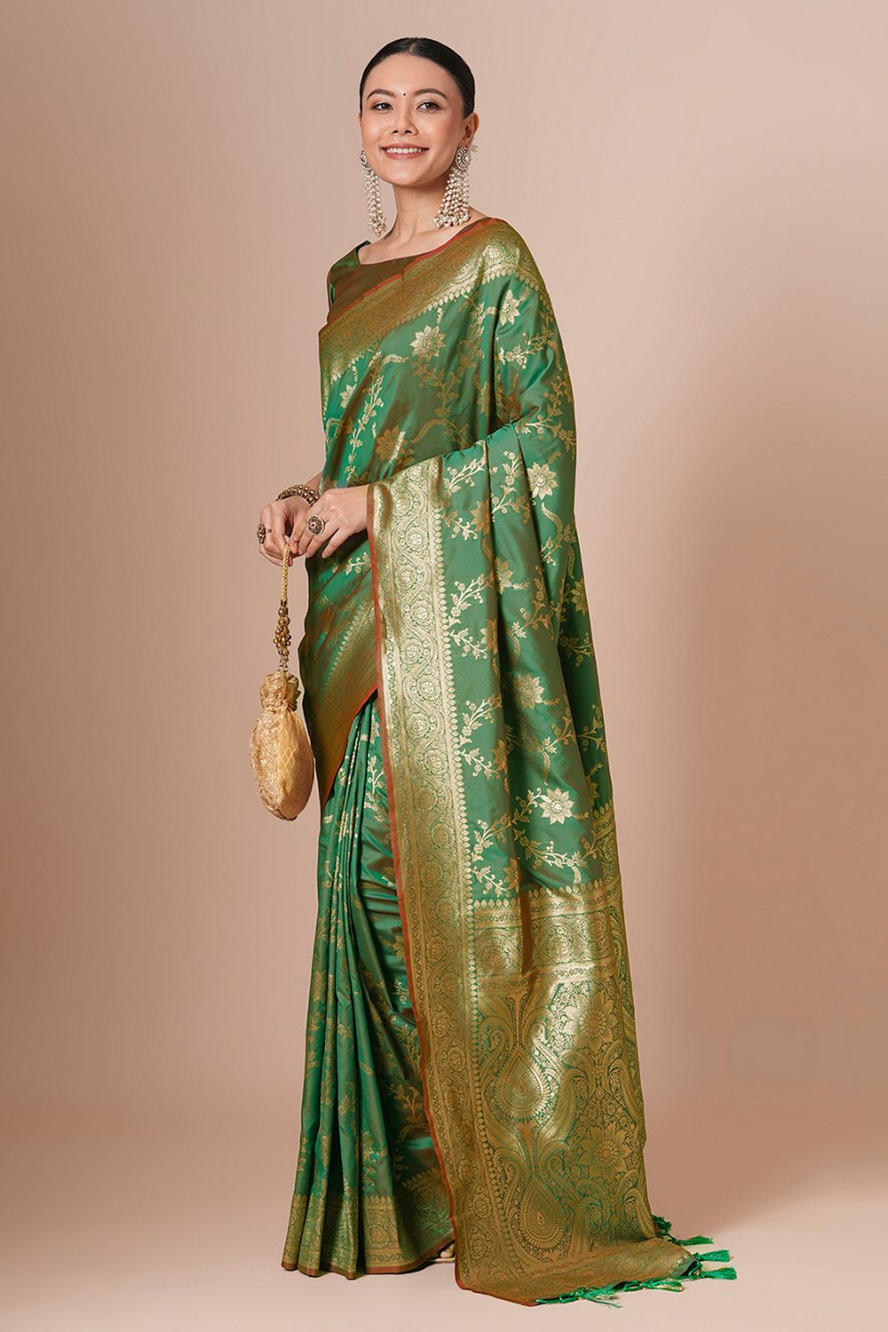 Padma Light Green Silk Blend Woven Motif Work Ready To Wear One Minute Saree