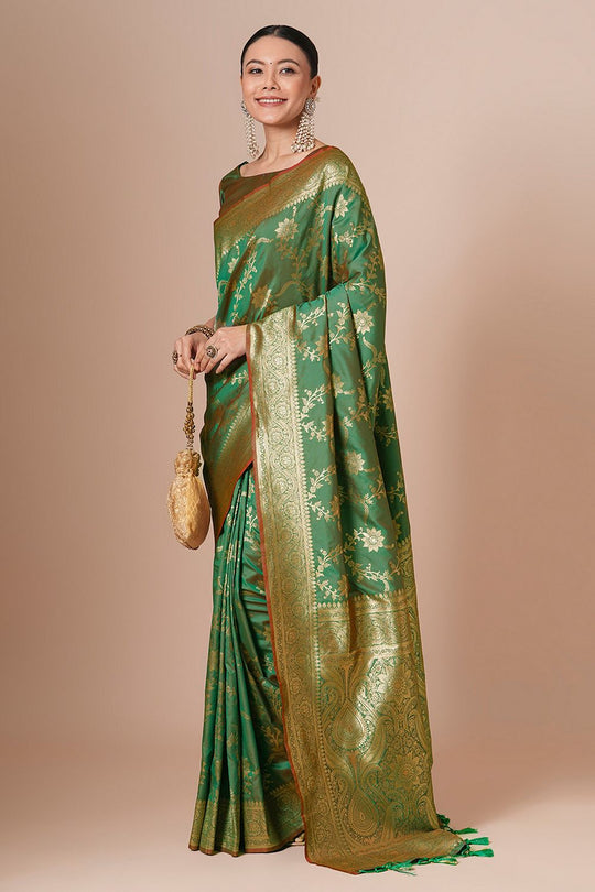 Padma Light Green Silk Blend Woven Motif Work Ready To Wear One Minute Saree