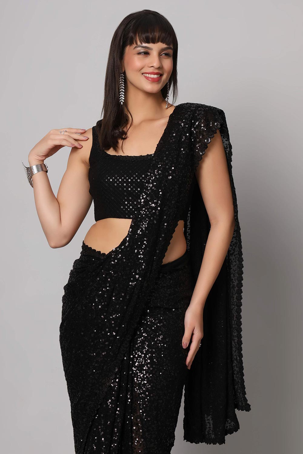 Sejal Black Faux Georgette Sequins Ready to Wear One Minute Saree