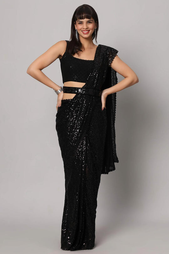 Sejal Black Faux Georgette Sequins Ready to Wear One Minute Saree