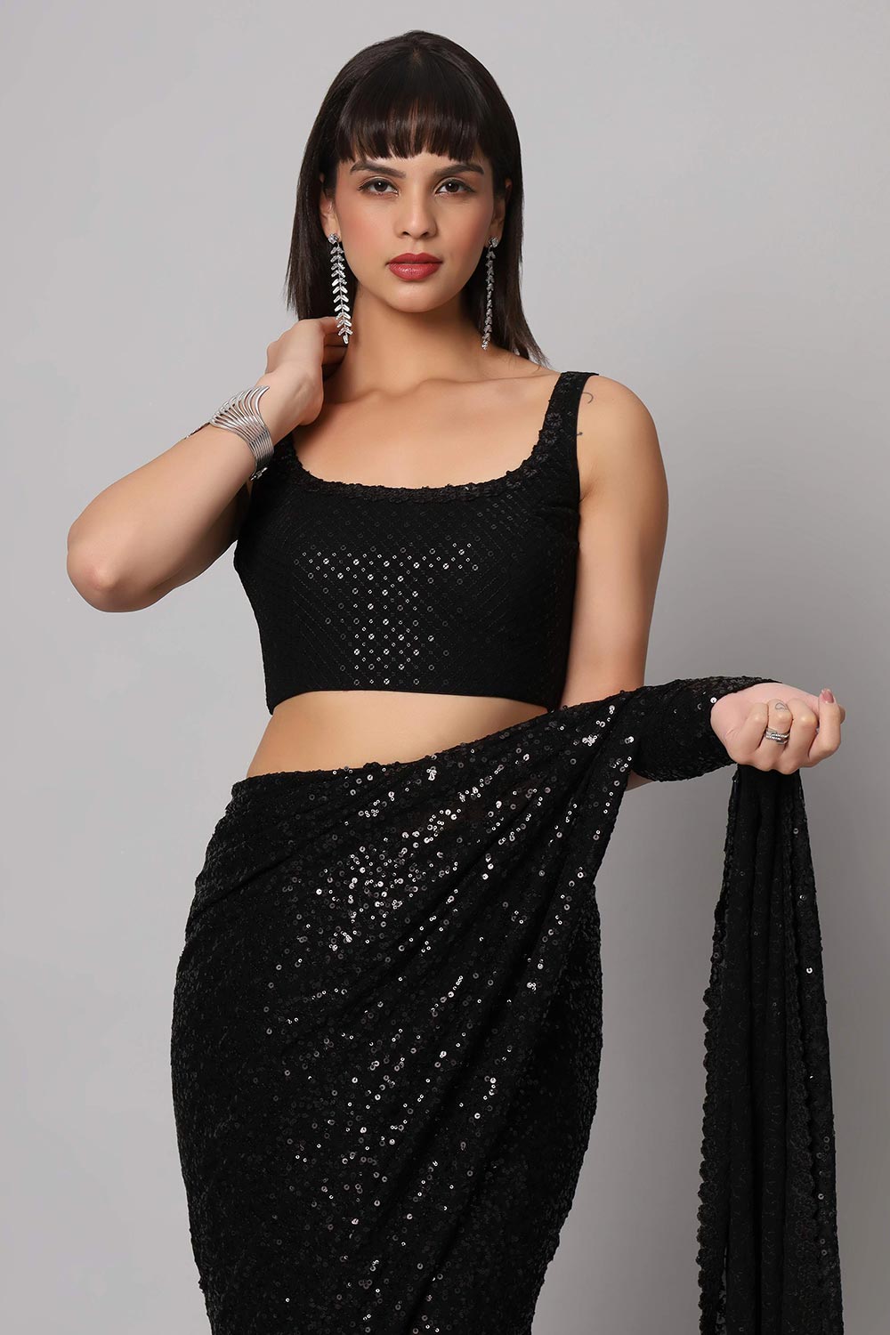 Sejal Black Faux Georgette Sequins Ready to Wear One Minute Saree
