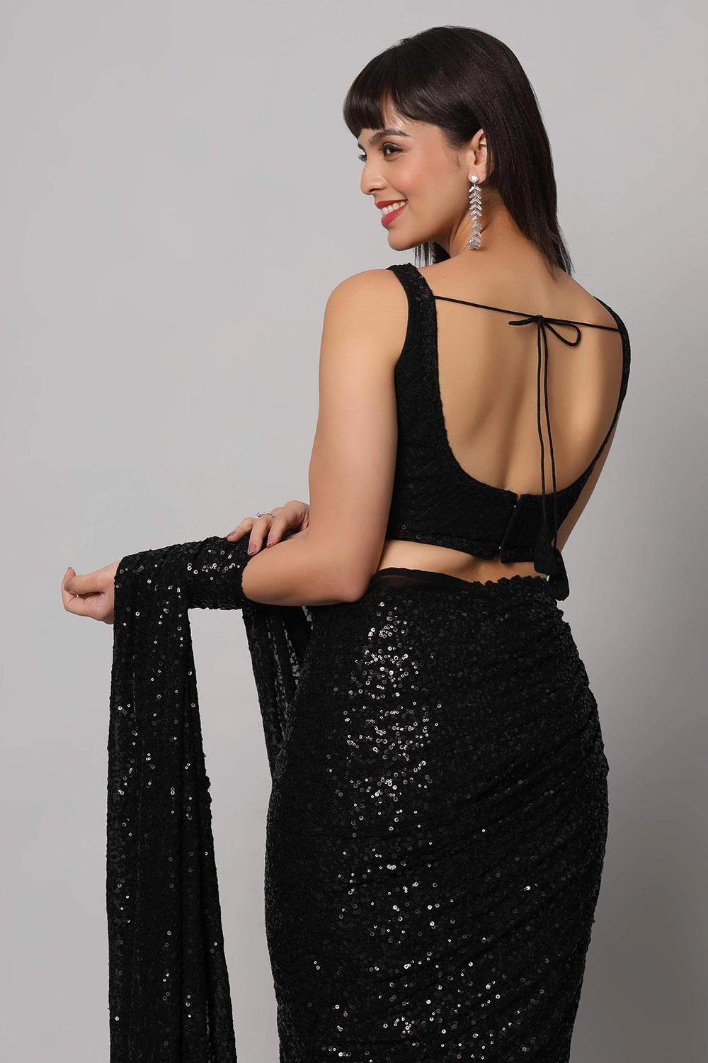 Sejal Black Faux Georgette Sequins Ready to Wear One Minute Saree