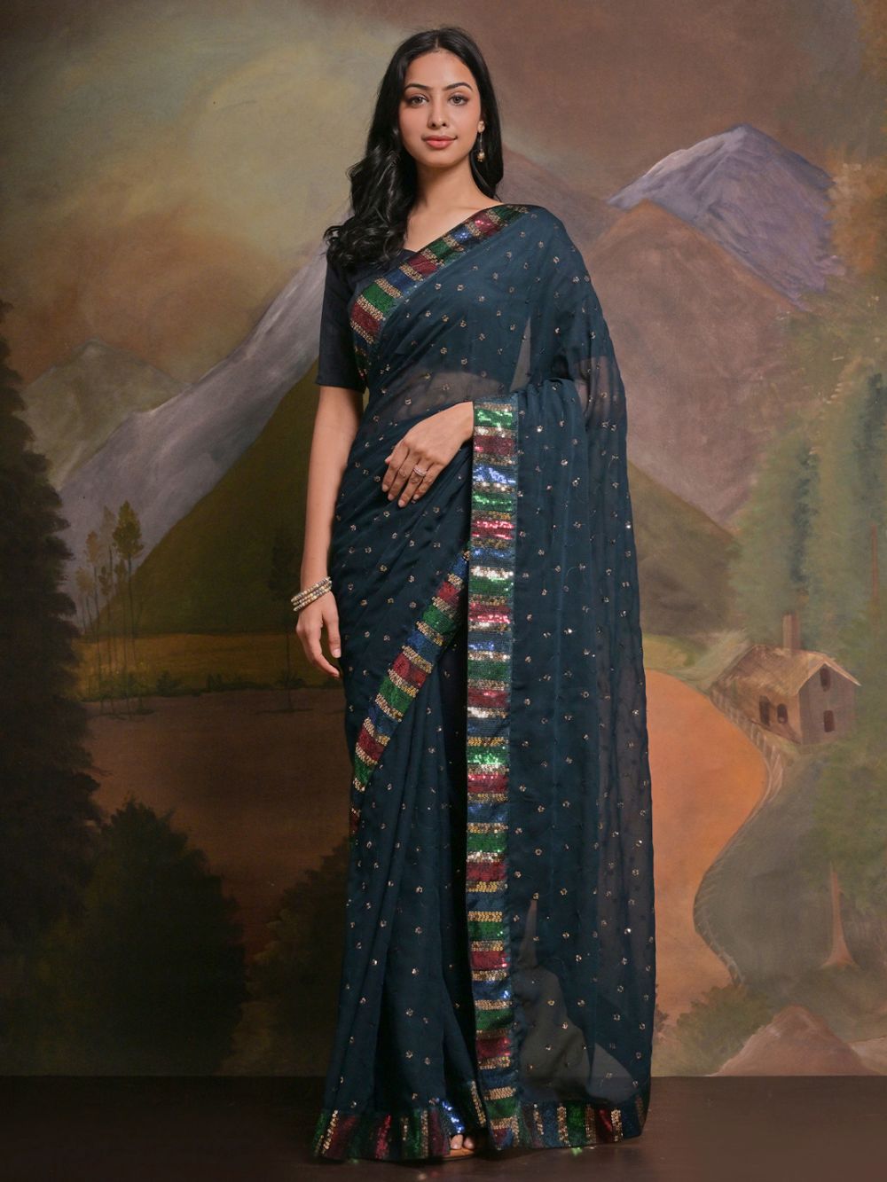 Kylie Dark Turquoise Georgette Sequins One Minute Saree