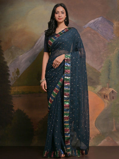 Kylie Dark Turquoise Georgette Sequins One Minute Saree