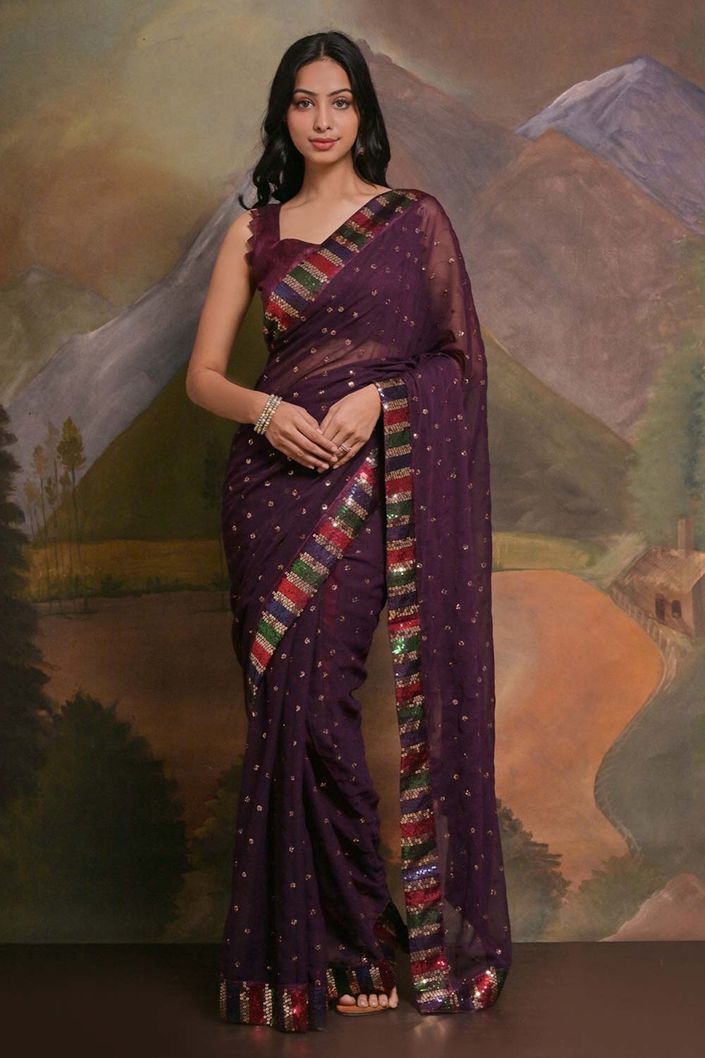 Kylie Violet Maroon Georgette Sequins One Minute Saree