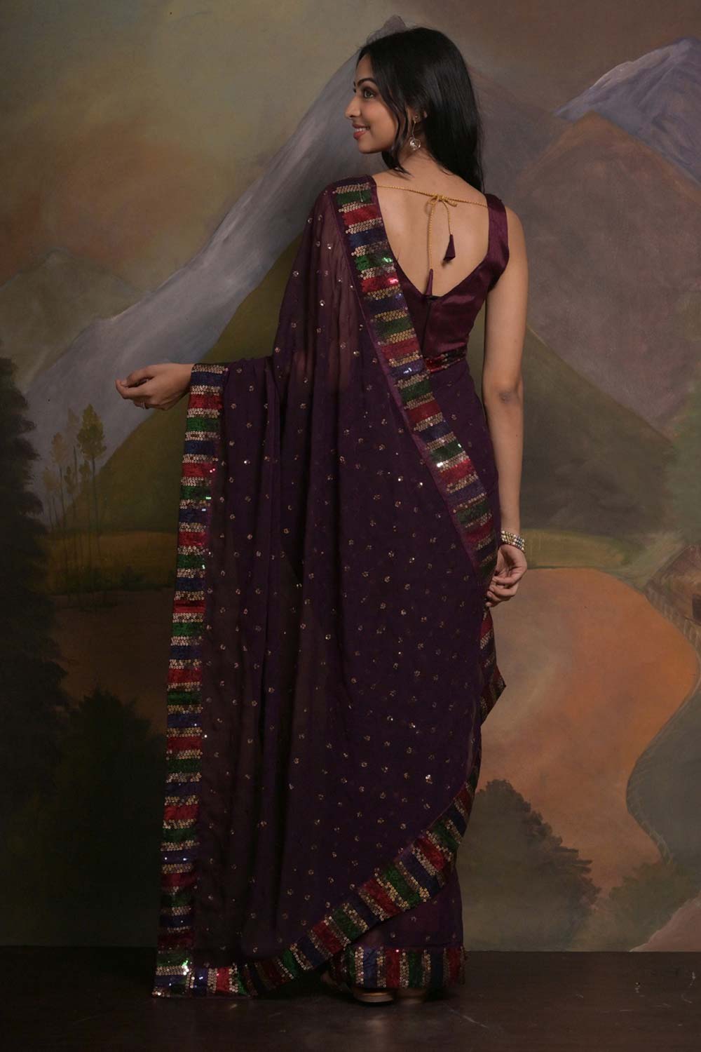 Kylie Violet Maroon Georgette Sequins One Minute Saree