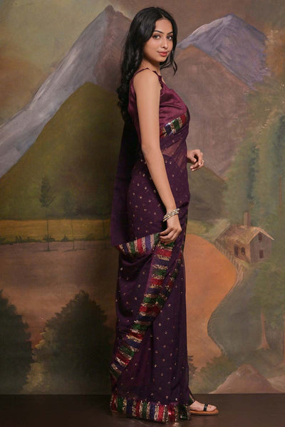 Kylie Violet Maroon Georgette Sequins One Minute Saree