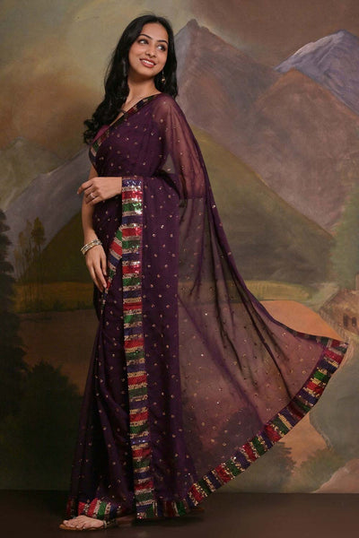 Kylie Violet Maroon Georgette Sequins One Minute Saree