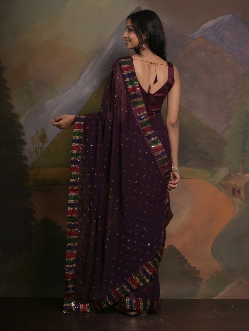 Kylie Violet Maroon Georgette Sequins One Minute Saree