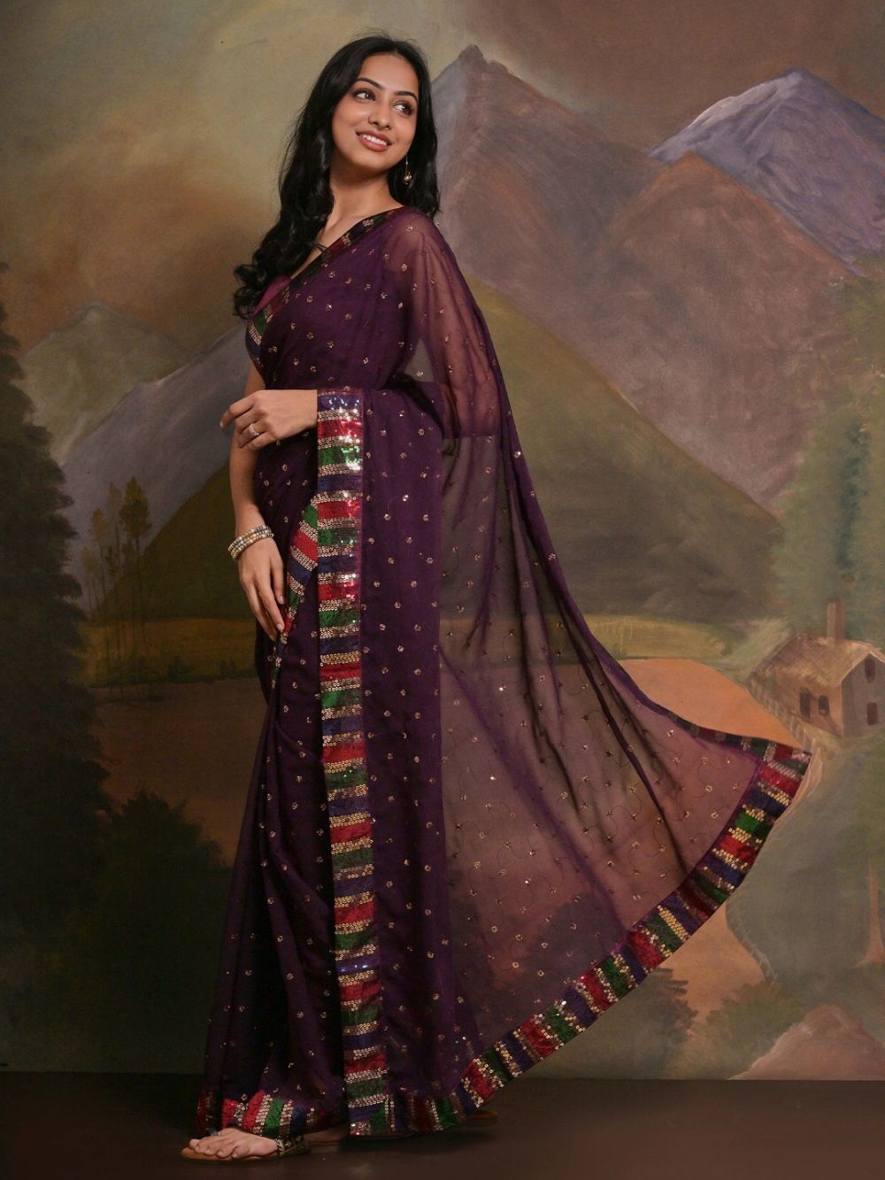 Kylie Violet Maroon Georgette Sequins One Minute Saree