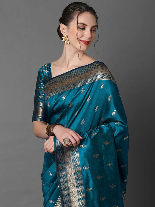 Minal Teal Blue Silk Blend Banarasi One Minute Saree