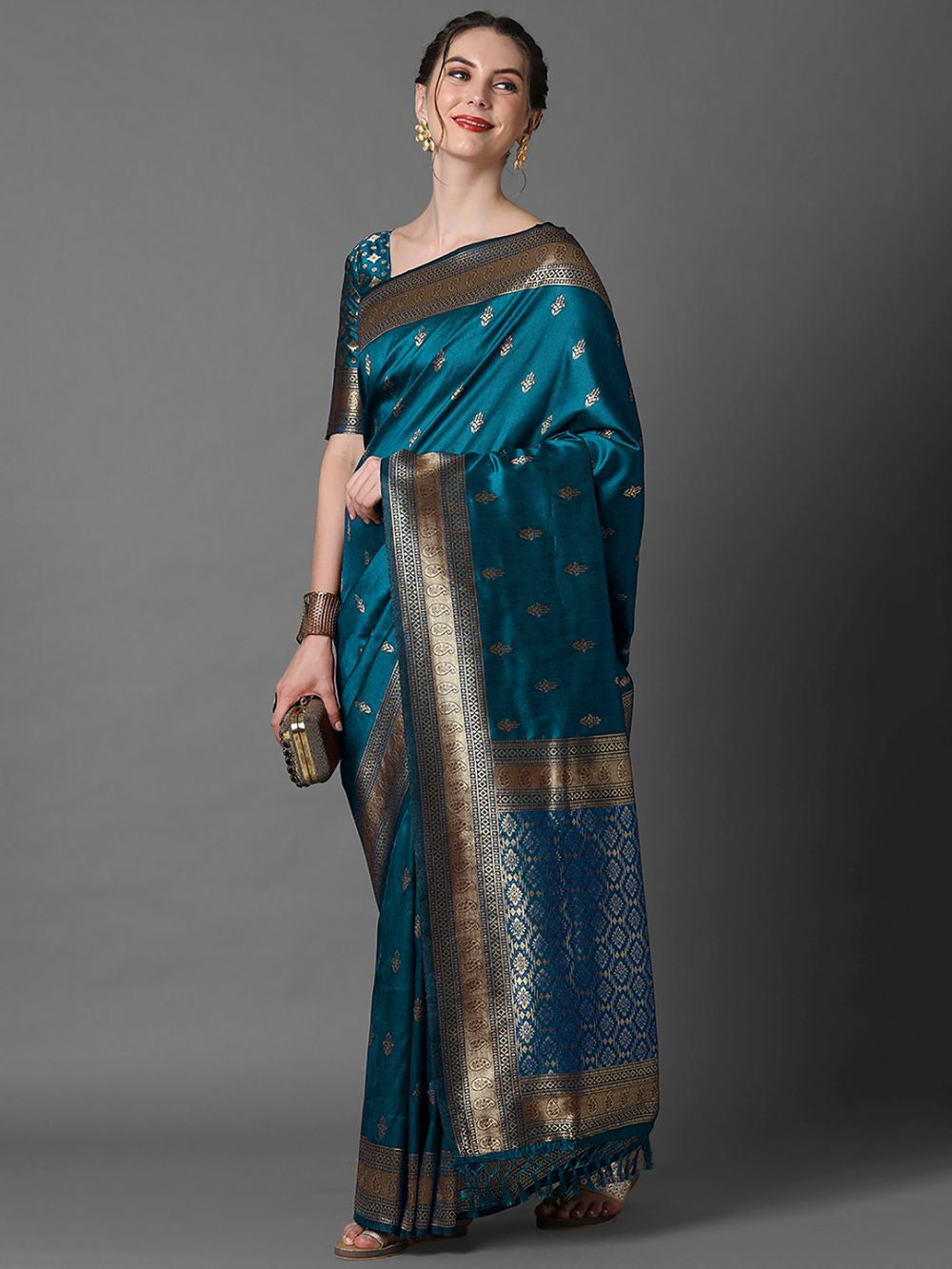 Minal Teal Blue Silk Blend Banarasi One Minute Saree