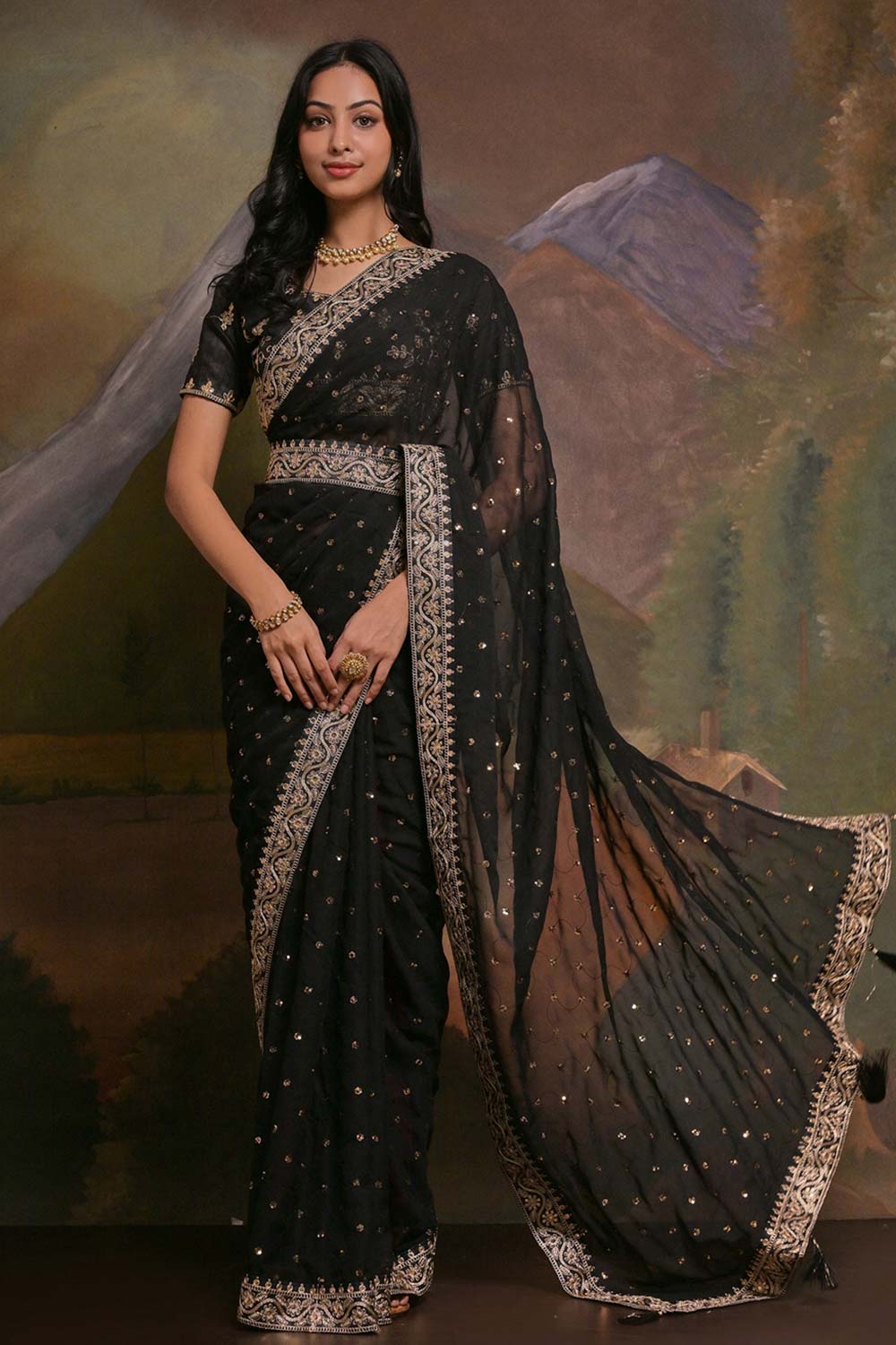 Riddhi Black Georgette Sequins One Minute Saree