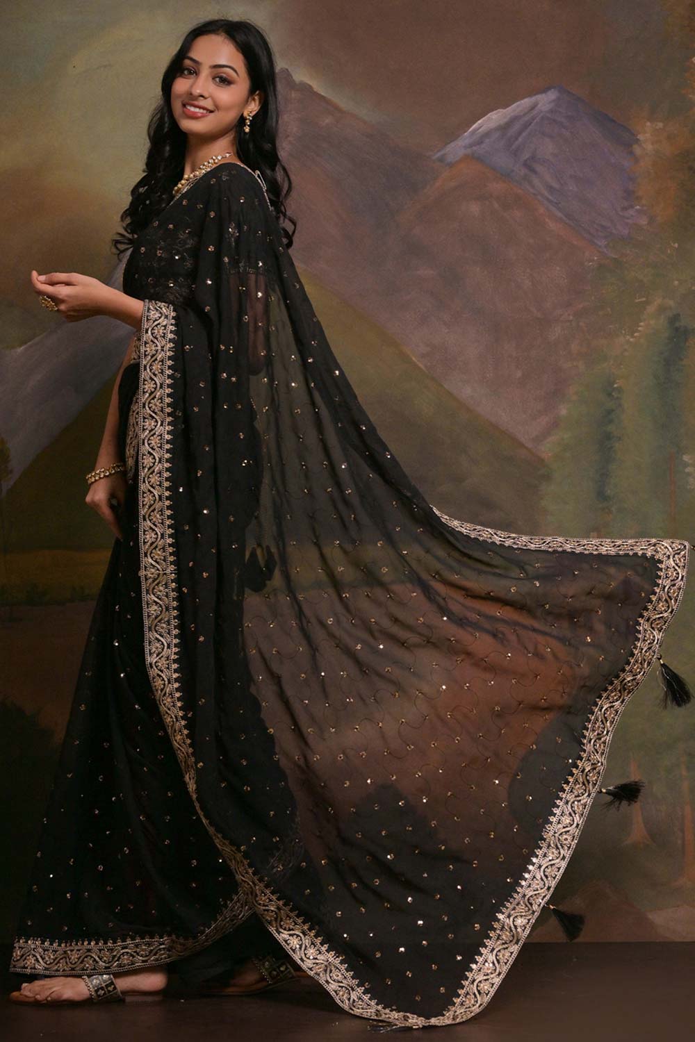 Riddhi Black Georgette Sequins One Minute Saree