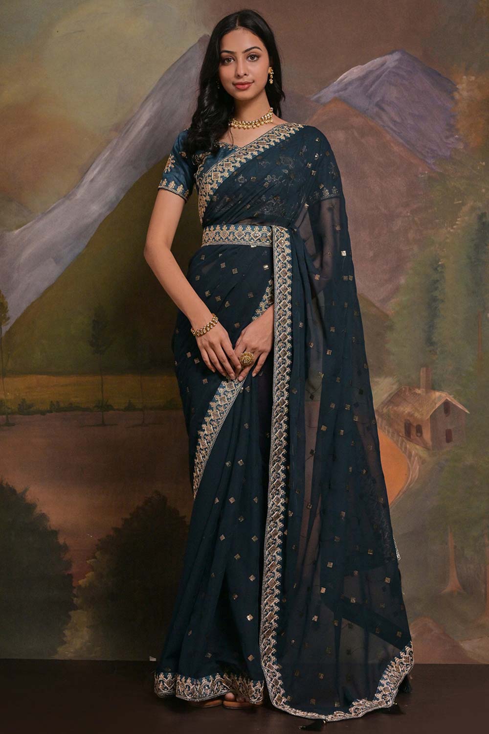 Riddhi Dark Turquoise Georgette Sequins One Minute Saree