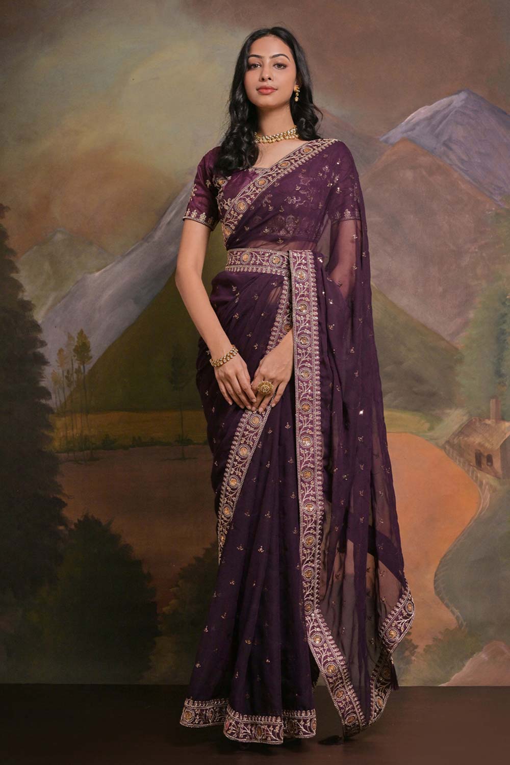 Riddhi Deep Purple Georgette Sequins One Minute Saree