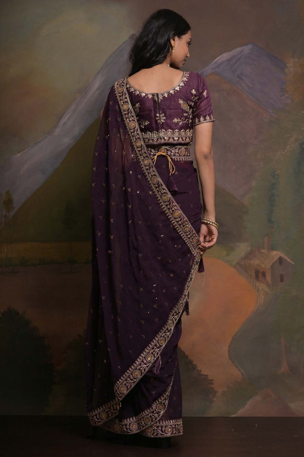 Riddhi Deep Purple Georgette Sequins One Minute Saree